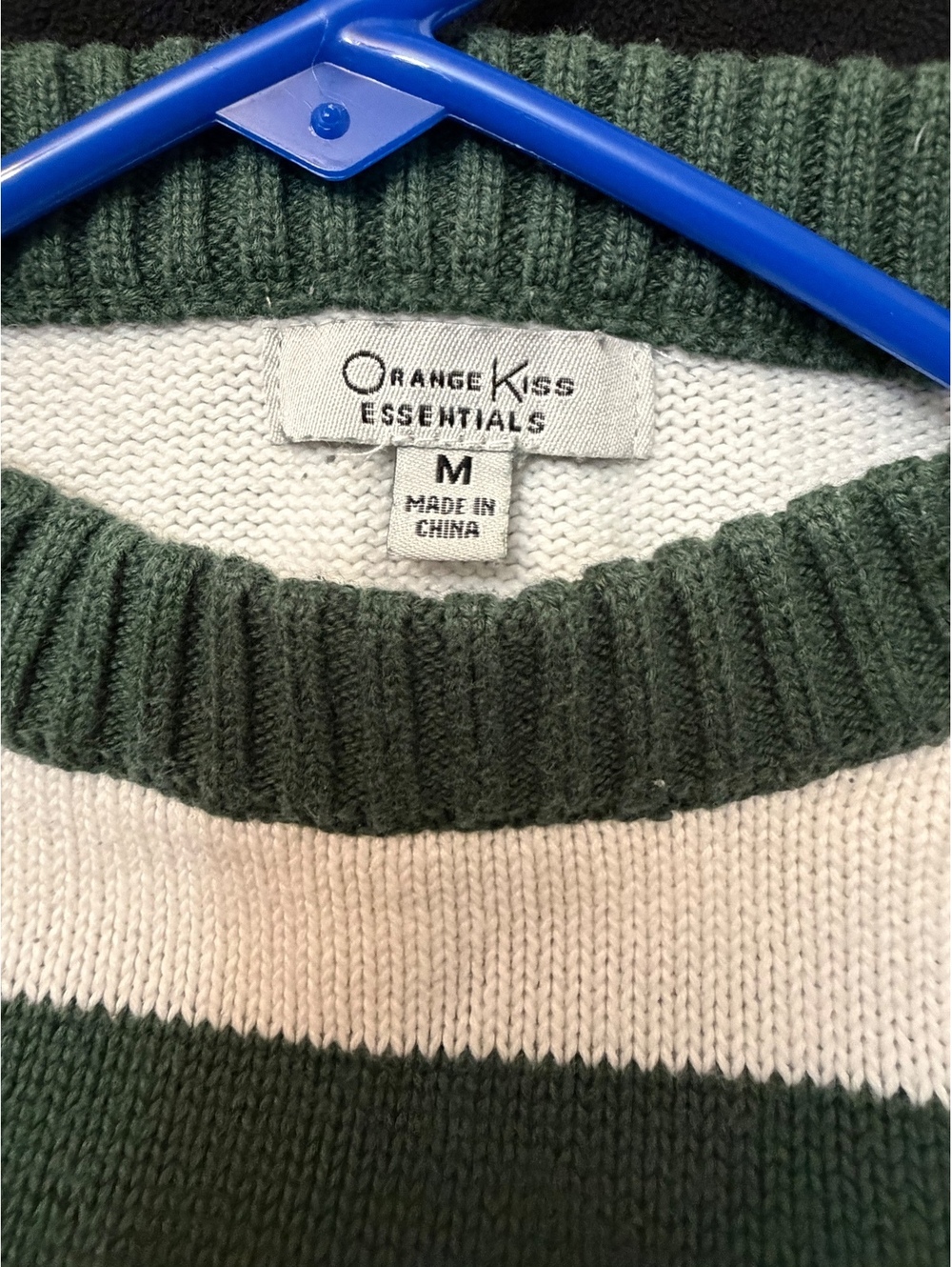 Orange Kiss Essentials Medium Green and White Striped Pullover Sweater